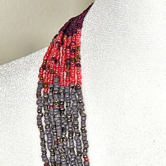 Coral Pink Gray Multiple Strands Beaded Necklace - Picture 2 of 7